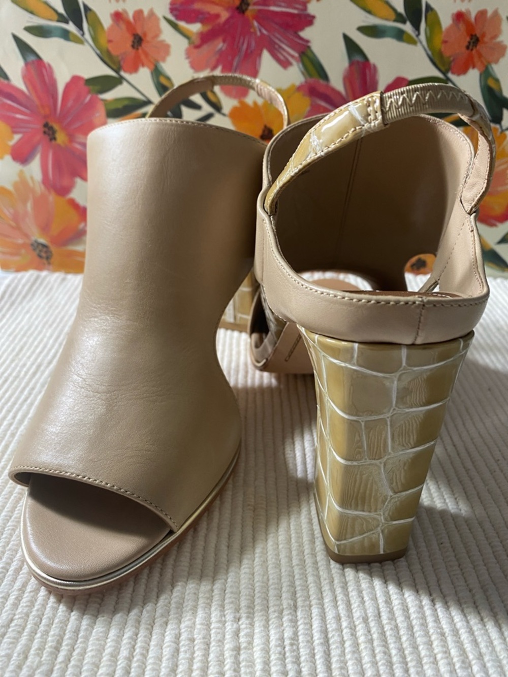 Donald J. Pliner Beige Croc-Block Open-Toe Slingback Heels